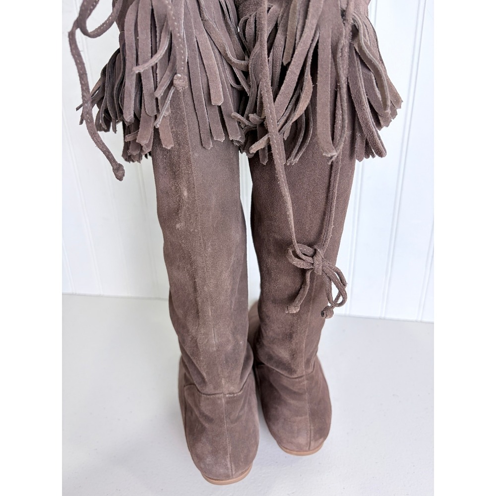 Daniblack Chocolate Taupe Suede Fringe Collar Tall Boot Flat Boho 8M Festival - Picture 12 of 16
